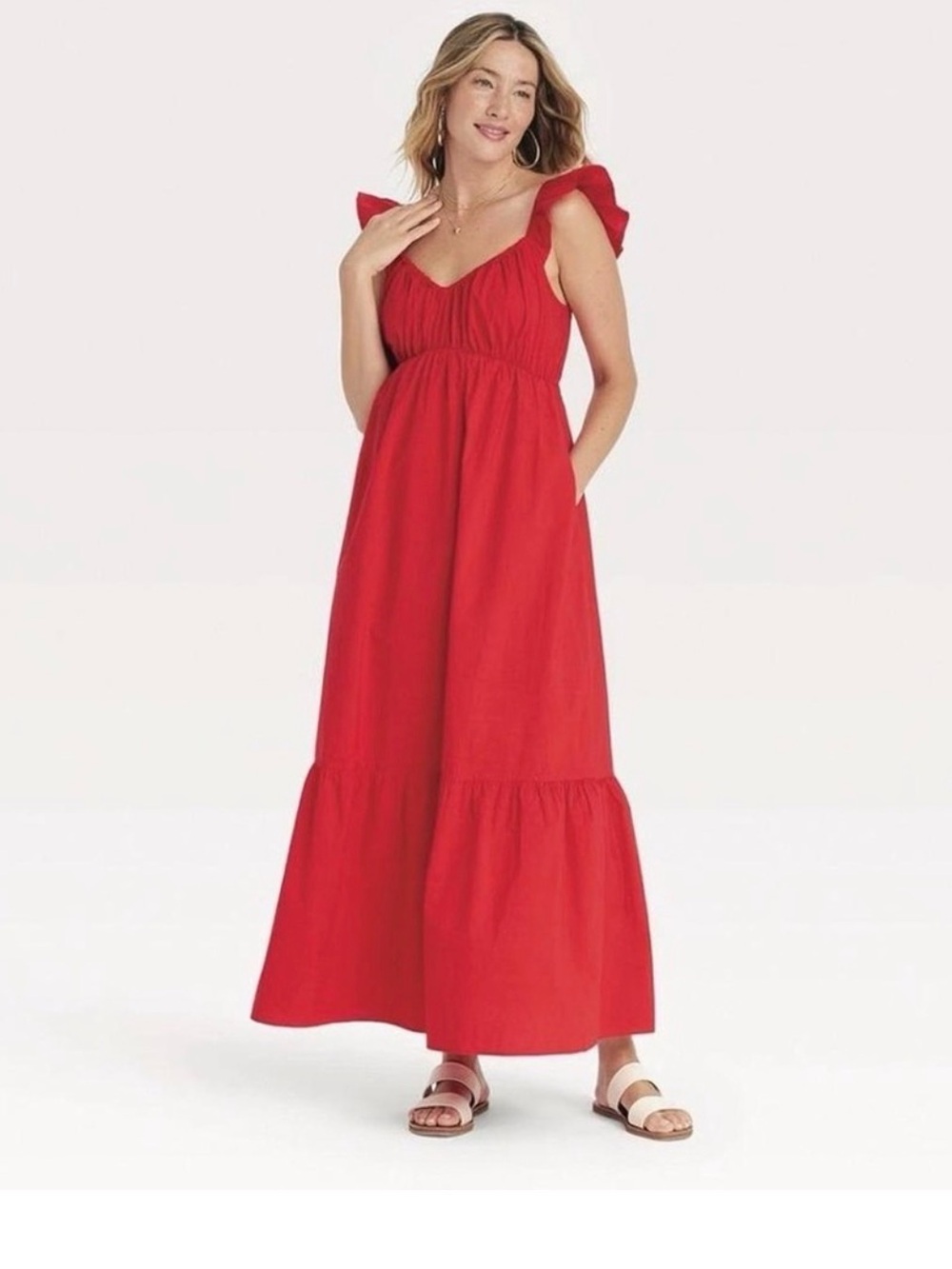 Universal Threadr Red Ruffle-Shoulder Maxi Dress Size XS